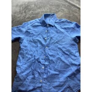 Porter & Ash Shirt Men L Riviera Style Linen Short‎ Sleeve Blue Button Front